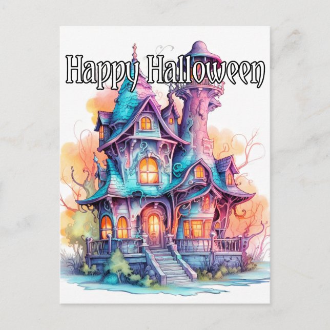 Well-lit Old Haunted House Halloween Postcard (Front)