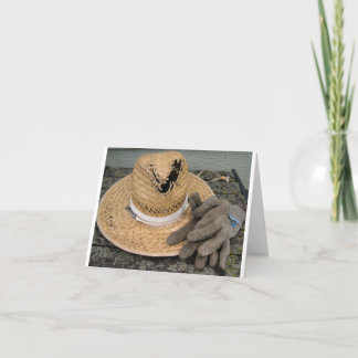 Well-used garden hat and gloves card