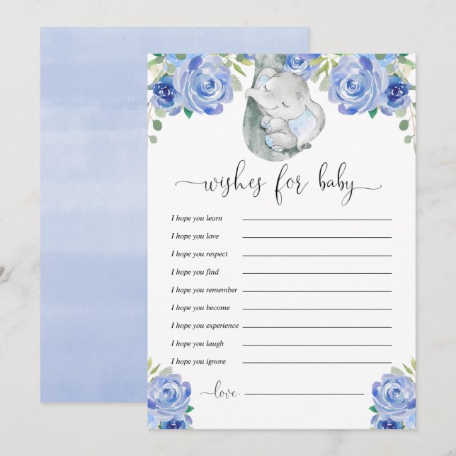 Well wishes for baby boy blue floral elephant  invitation (Front/Back)