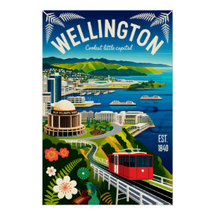 Wellington New Zealand Retro Travel Poster Art