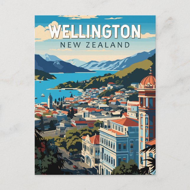 Wellington New Zealand Travel Art Vintage Postcard (Front)