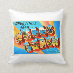 Wells Beach Maine ME Old Vintage Travel Souvenir Throw Pillow