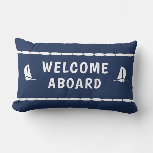 Welocme Aboard white Sailboat on Blue Lumbar Pillow (Front)