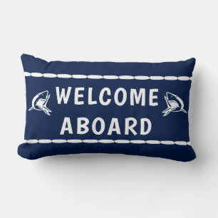 Welocme Aboard white Shark on Blue Lumbar Pillow