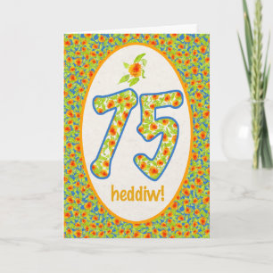 Welsh 75th Birthday Card, Orange Pot Marigolds Card