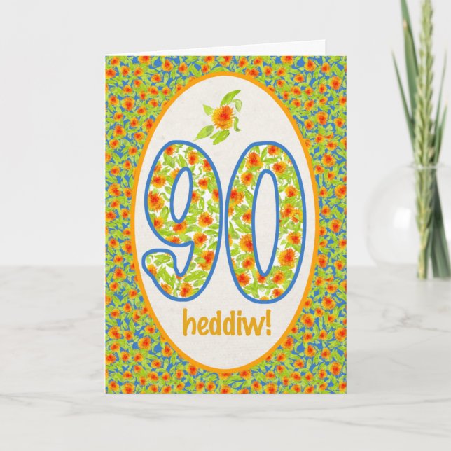 Welsh 90th Birthday Card, Orange Pot Marigolds Card (Front)