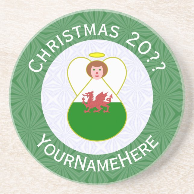 Welsh Angel Christmas Flag Personalized  Coaster (Front)