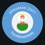 Welsh Angel Hanukkah Flag Personalized  Classic Round Sticker<br><div class="desc">Round sticker shows an angel wearing the flag of Wales on this sticker for holiday or Hanukkah gift decorating. The Welsh Flag angel is found inside a white, fractal circle of squiggly squares. The background is a blue fractal of squiggly squares. Add your own text or personalize with a name...</div>