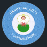Welsh Angel Hanukkah Flag Personalized  Classic Round Sticker<br><div class="desc">Round sticker shows an angel wearing the flag of Wales on this sticker for holiday or Hanukkah gift decorating. The Welsh Flag angel is found inside a white, fractal circle of squiggly squares. The background is a blue fractal of squiggly squares. Add your own text or personalize with a name...</div>