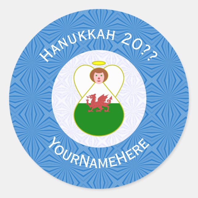 Welsh Angel Hanukkah Flag Personalized  Classic Round Sticker (Front)