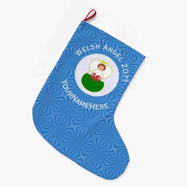 Welsh Angel Hanukkah Flag Personalized  Large Christmas Stocking (Front (Hanging))