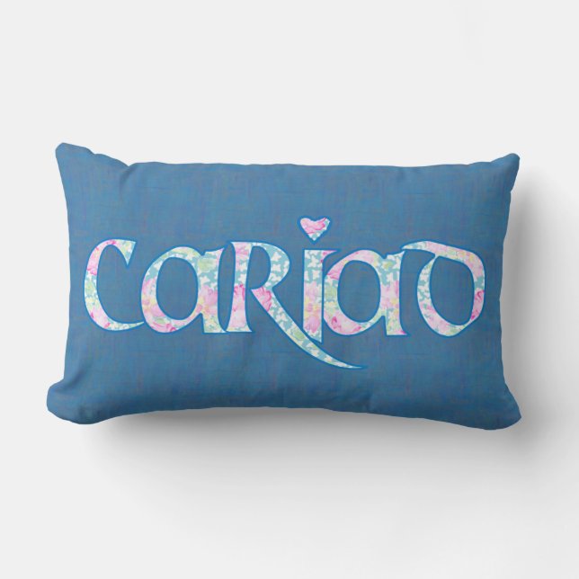 Welsh Cariad Floral Text Design on Navy Blue Lumbar Pillow (Front)