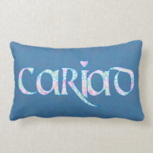 Welsh Cariad Floral Text Design on Navy Blue Lumbar Pillow