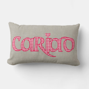Welsh Cariad Gingham Text Design on Faux Burlap Lumbar Pillow
