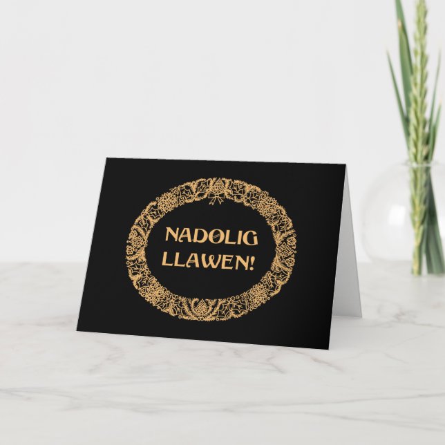 Welsh Christmas Wreath Gold-effect Black Holiday Card (Front)