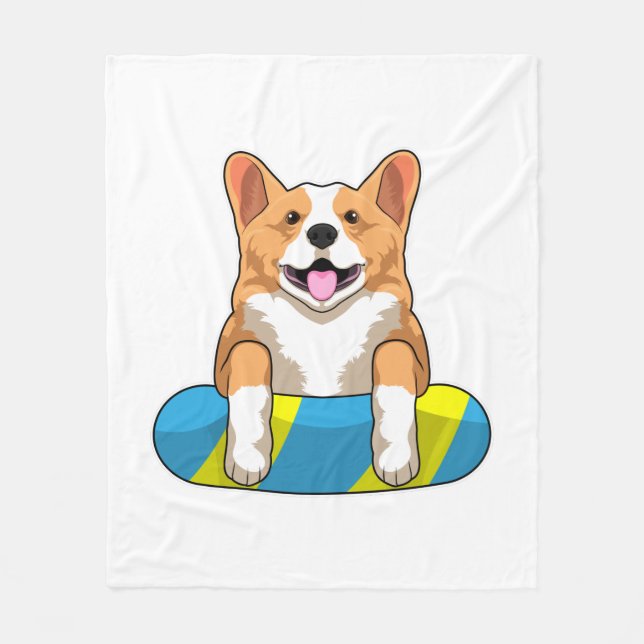 Welsh Corgi at Swimming with Swimming board Fleece Blanket (Front)