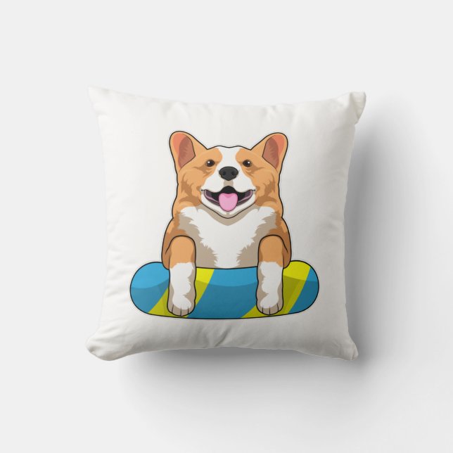 Welsh Corgi at Swimming with Swimming board Throw Pillow (Front)