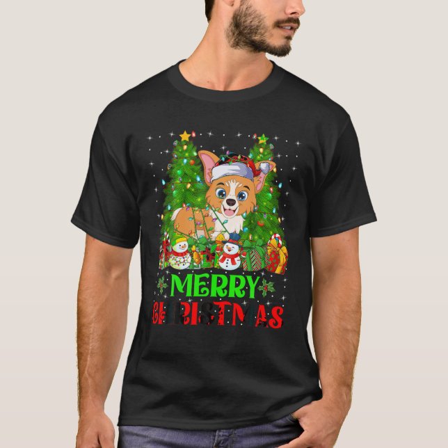 Welsh Corgi Christmas Tree Lights Holiday Santa Co T-Shirt (Front)