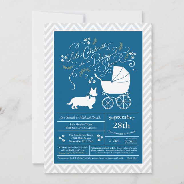 Welsh Corgi Dog Baby Shower Blue Boy Invitation (Front)
