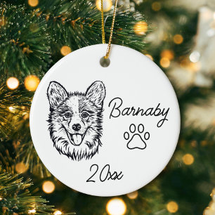 Welsh Corgi Dog Custom Name and Year Line Art Ceramic Ornament