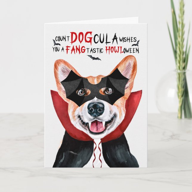 Welsh Corgi Dog Funny Count DOGcula Halloween Holiday Card (Front)