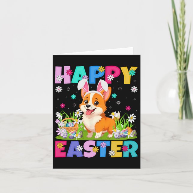 Welsh Corgi Dog Happy Easter Egg Hunt Bunny Ear Ea Card (Front)