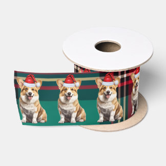 Welsh Corgi Dog Holiday Plaid Funny Christmas Satin Ribbon