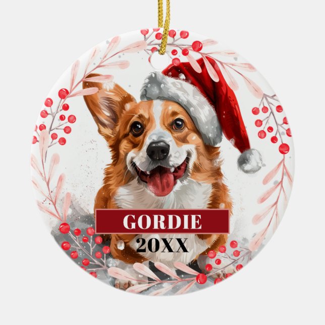 Welsh Corgi Dog in Santa Hat Christmas Ornament (Front)