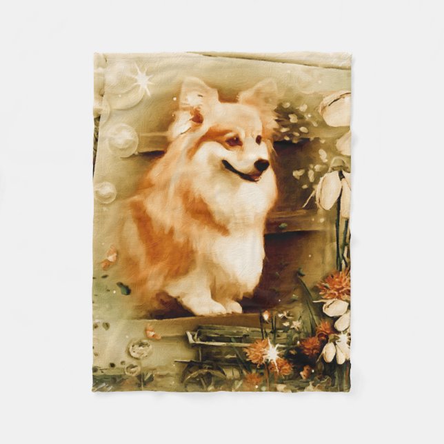 Welsh Corgi in Floral Frame Fleece Blanket (Front)