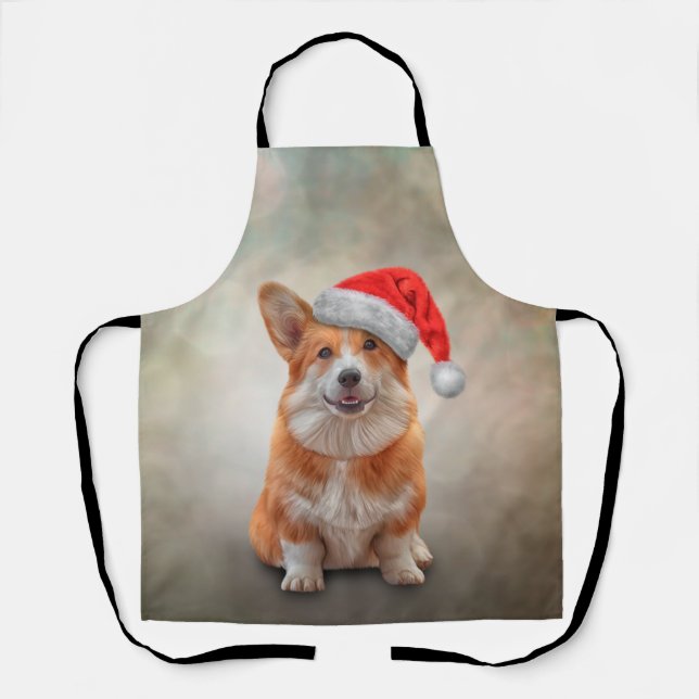 Welsh Corgi in red hat of Santa Claus Apron (Front)