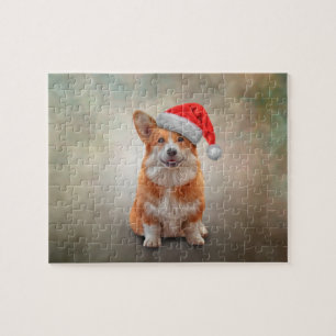 Welsh Corgi in red hat of Santa Claus Jigsaw Puzzle