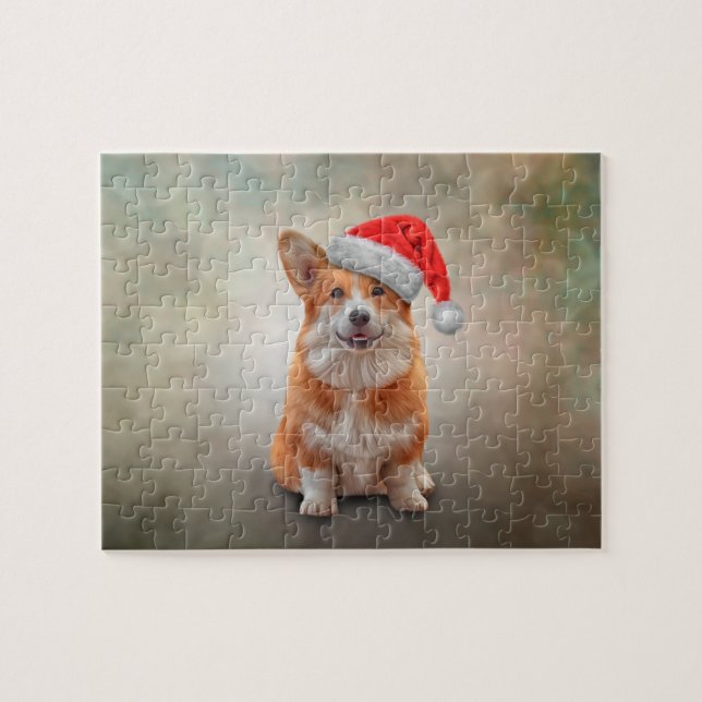 Welsh Corgi in red hat of Santa Claus Jigsaw Puzzle (Horizontal)