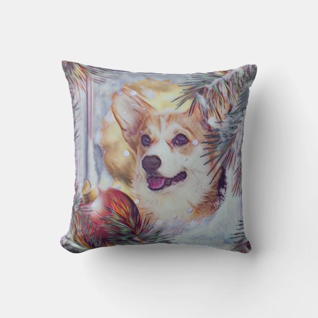 Welsh Corgi in Winter Window Throw Pillow (Front)