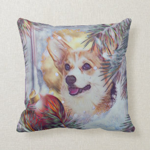 Welsh Corgi in Winter Window Throw Pillow