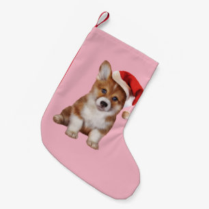 Welsh Corgi puppy in red hat of Santa Claus Small Christmas Stocking