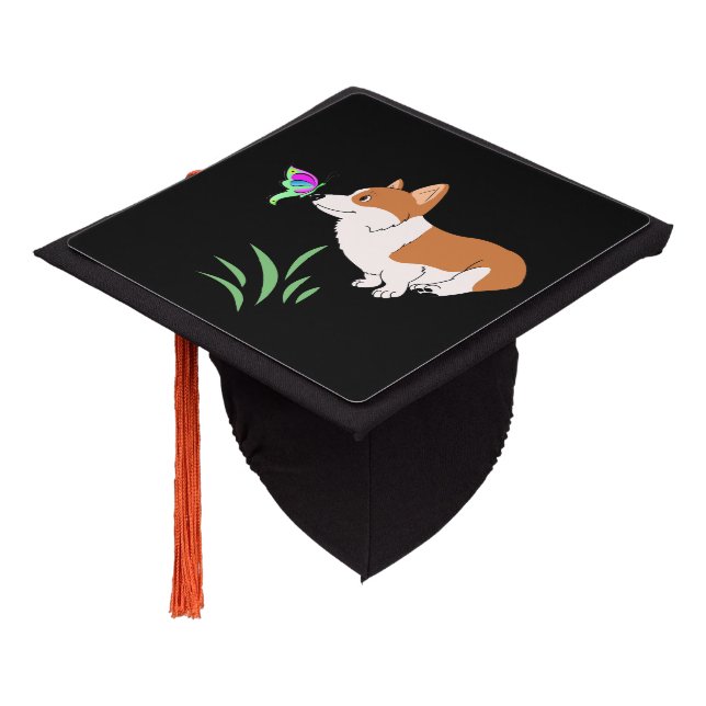 Welsh Corgi with Butterfly Graduation Cap Topper (Angled)