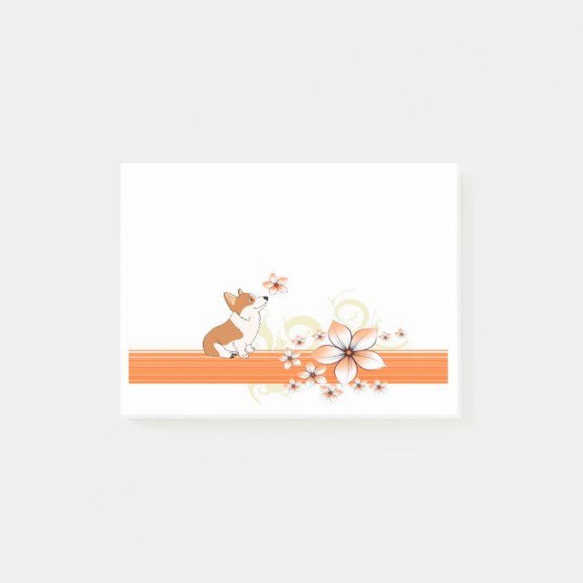 Welsh Corgi with Flower Post-it Notes (Front)