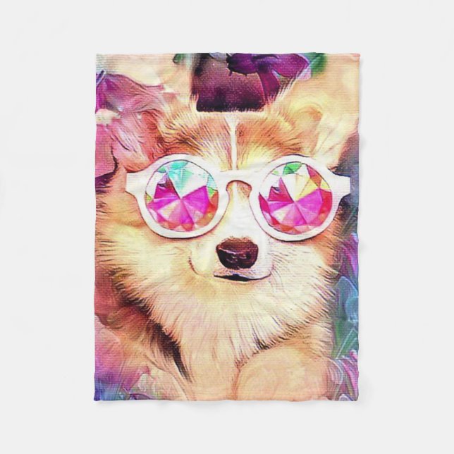Welsh Corgi with flowers and crazy glasses Fleece Blanket (Front)