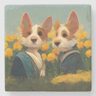 Welsh Corgi's in the Flower Garden Stone Coaster
