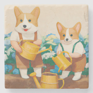 Welsh Corgi's Watering the Flower Garden Stone Coaster