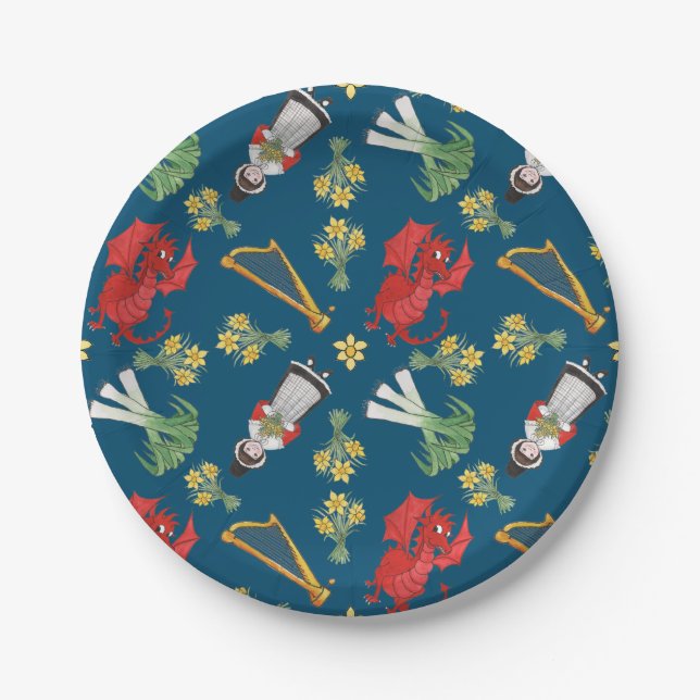 Welsh Costume and Emblems on Blue Paper Plates (Front)
