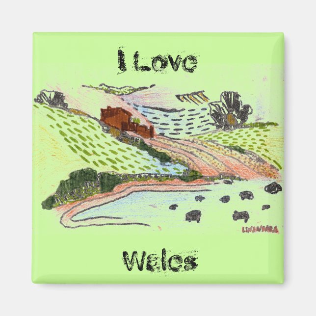 Welsh Countryside Doodle Sketch Green Magnet (Front)