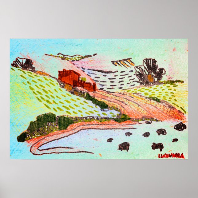 Welsh Countryside pen & pencil sketch with sheep Poster (Front)