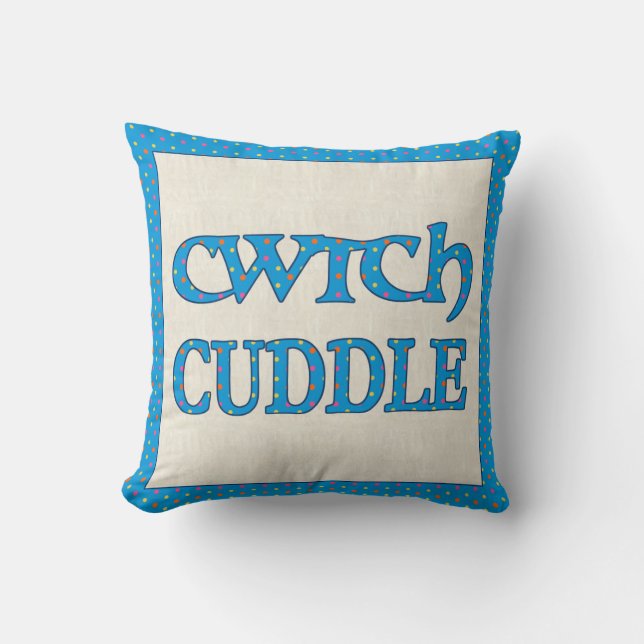 Welsh Cwtch Throw Pillow, Cushion, Polkas on Blue Pillow (Front)