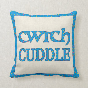 Welsh Cwtch Throw Pillow, Cushion, Polkas on Blue Pillow