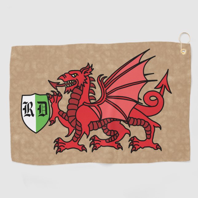 Welsh Dragon Custom Monogram Golf Towel (Horizontal)