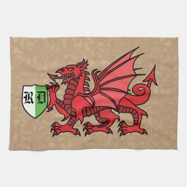 Welsh Dragon Custom Monogram Kitchen Towel (Horizontal)