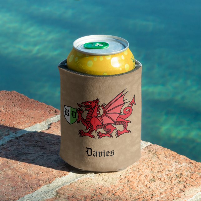 Welsh Dragon Custom Name and Monogram Can Cooler (In Situ Pool)