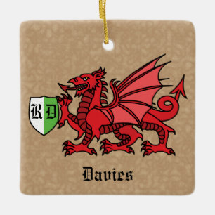 Welsh Dragon Custom Name and Monogram Ceramic Ornament