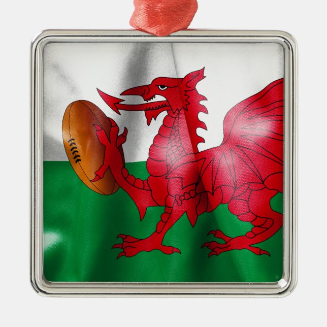Welsh Dragon Rugby Ball Flag Metal Ornament (Front)